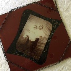 Vintage Old Handmade ?photo in glass with chain wrapped around 9”x9”