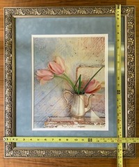VTG Art Still Life Photo Print Tulips & Antique Brass Pitcher Framed/Matted VG