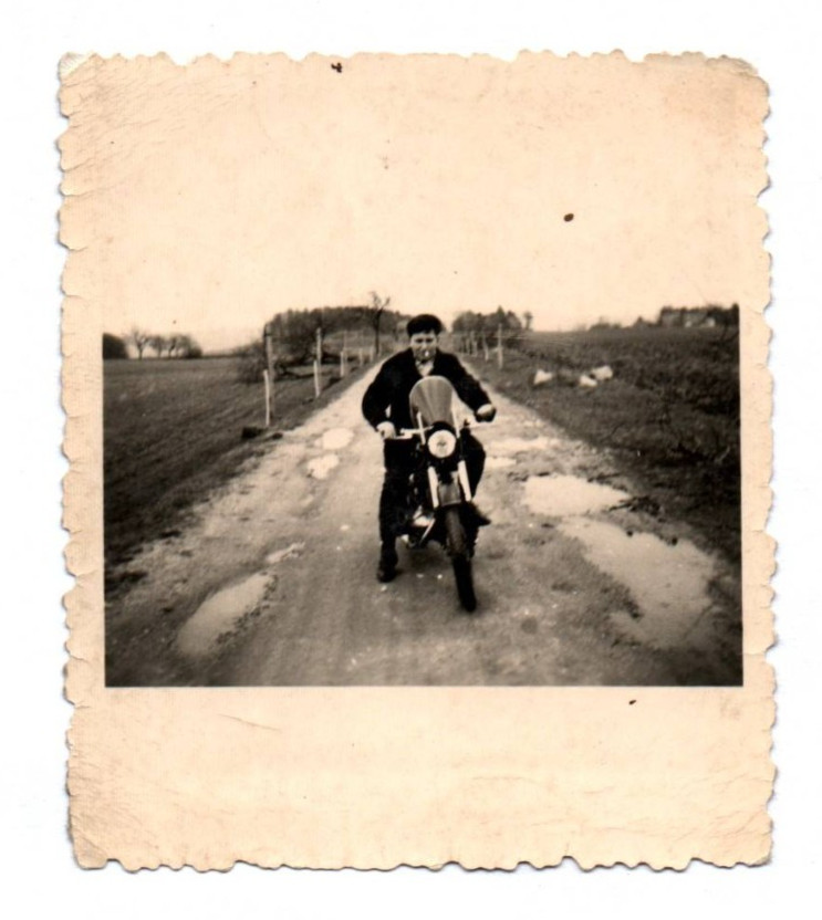 Old Photo Man on Motorcycle Field Road Highway Vintage Motorcycle Photography