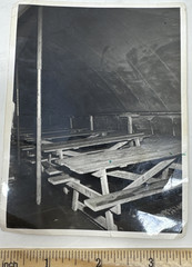 Vintage Black and White Photo of Interior Large Tent with Picnic Tables