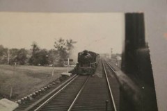Two great old photos on cardboard – steam locomotive and station – England???