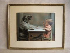 Vintage Fine Art Vernacular Photograph Male Child Portrait with Dog Framed Mid-C