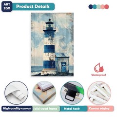 ARTZGX Lighthouse Wall Art Navy Blue Canvas Ocean Seascape Picture Print Vint…