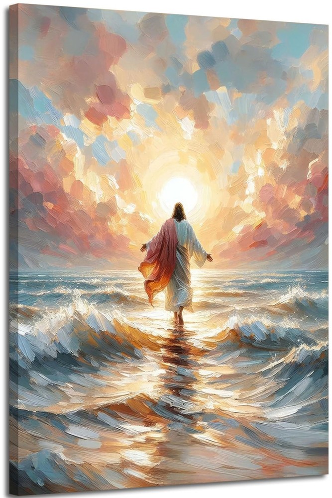 Jesus Walking on Water Canvas Wall Art Jesus Back Waters Reflection Sunset Gl…