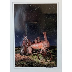 Signed Michael Bertrand Photo Steam Tractor at Night 11″ x 8 5/8″ Plastic Frame