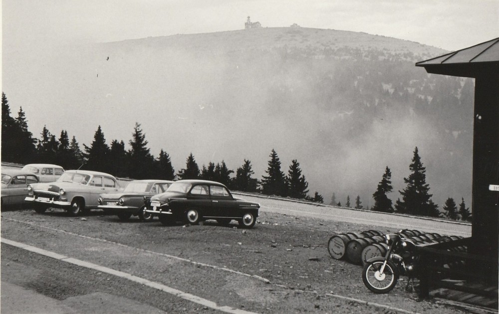 Vintage Photo Motorcycle & Parked Cars in the Mountains 1967 Vintage Passenger Car