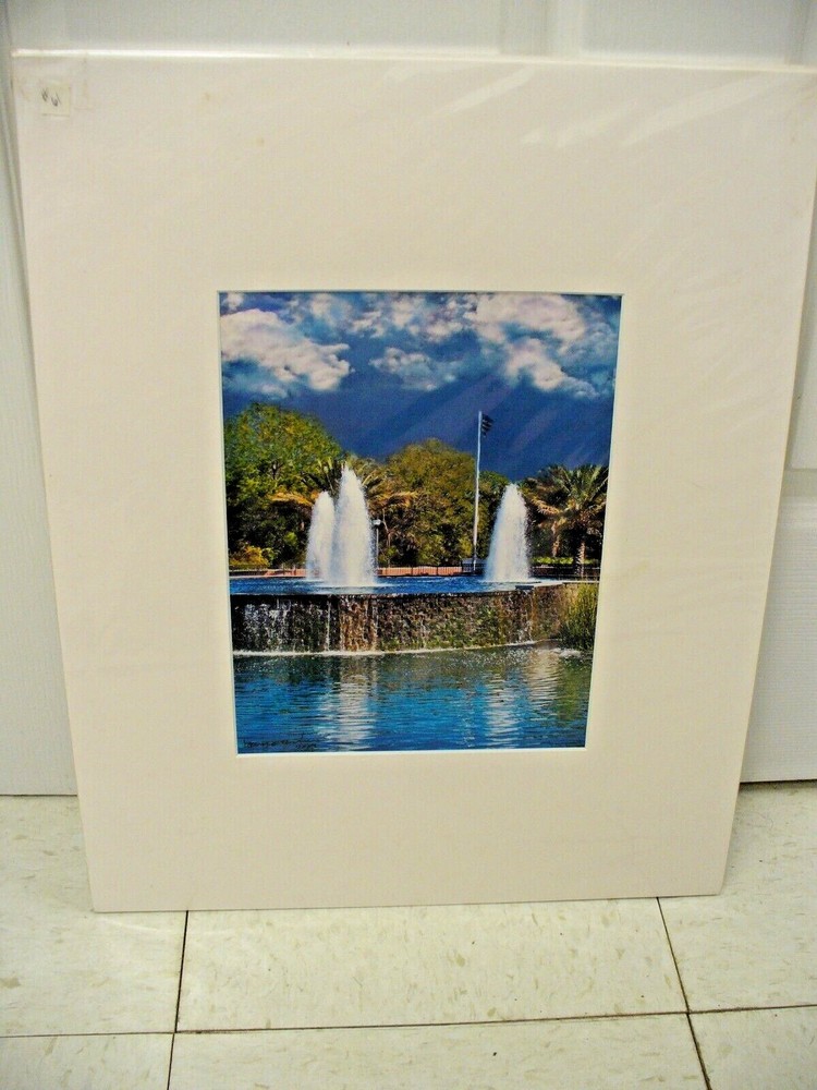 MATTED PHOTOGRAPHY View of Fountain and American Flag By Larry Santucci 16×20