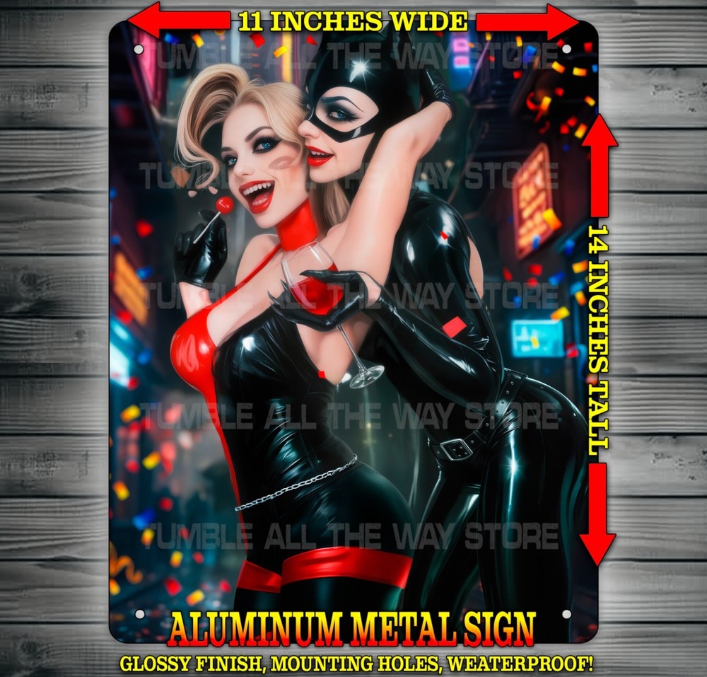 Sexy Harley Quinn and Catwoman Celebrating Metal Sign Wall Art 14″ x 11″