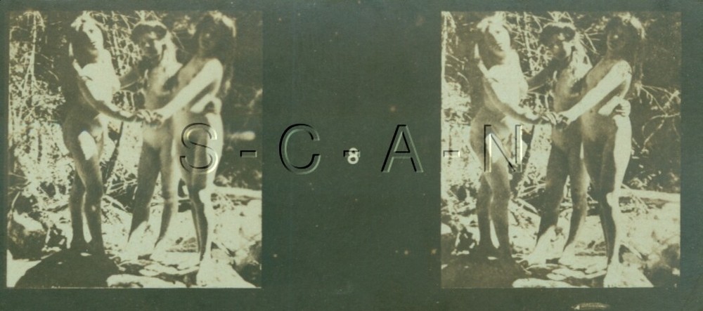 Org Antique B/W Nude Real Photo- Double Stereoscope- Three Women- Hold Hands