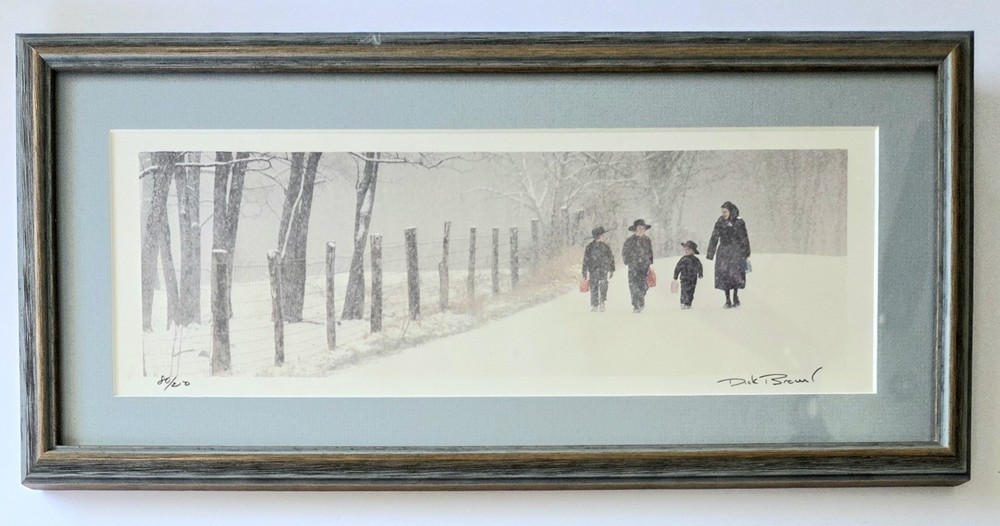 DICK BROWN FRAMED PHOTOGRAPH AMISH FAMILY IN WINTER SNOW SIGNED, NUMBERED L.E.