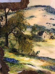 State Of texas Shaped Homestead And bluebonnets Painting On Wood / Signed