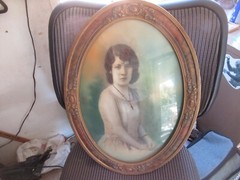 Antique Curved Convex Oval Glass Wood Frame Hand Tinted Photo Girl 1920’s cl
