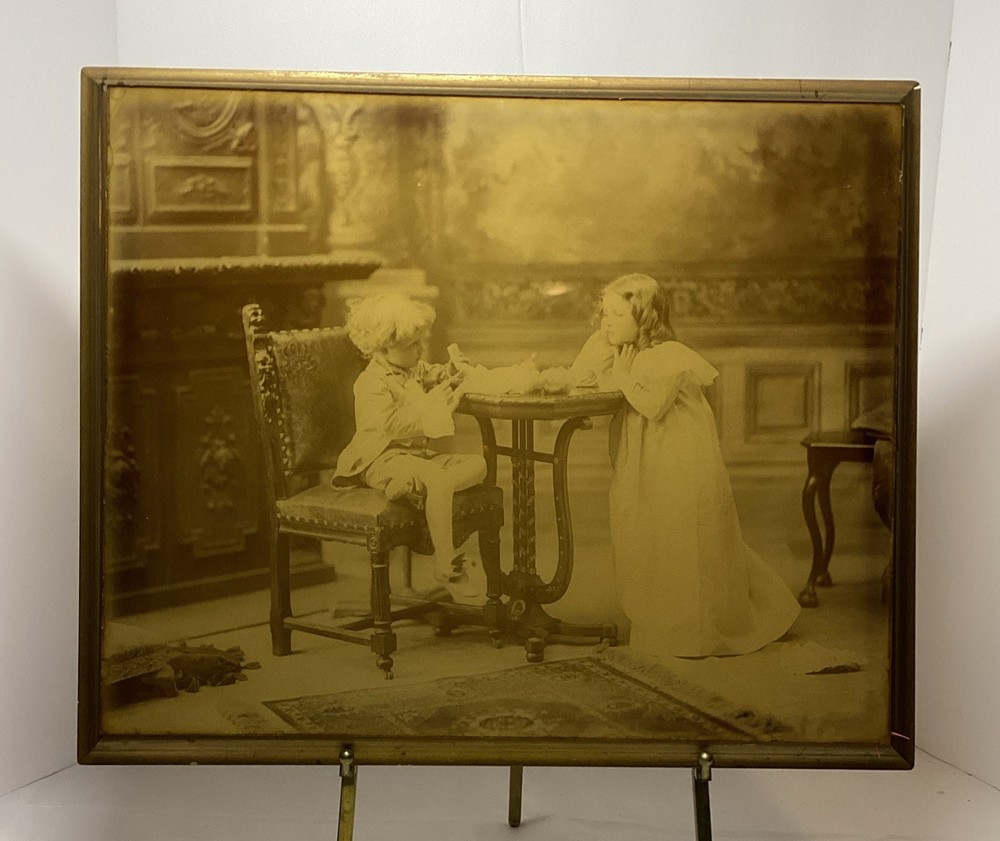 Vtg 1898 Sepia 18X14”Photograph Portrait Playing Doctor Boy & Girl