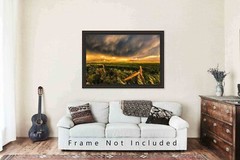 Stormy Sky Over Field and Fence Posts Kansas Country Farm Photography Print