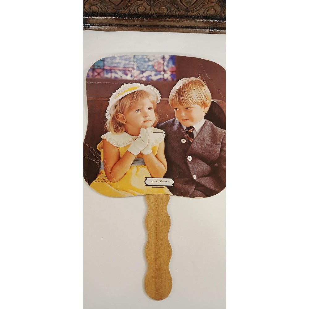 Vintage «Sunday Morning» Church Hand Fan, Card Stock & Wood