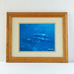 Vintage Solid Oak Frame w/ Art Photo Print Picture Hawaiian Ocean Scene Dolphins