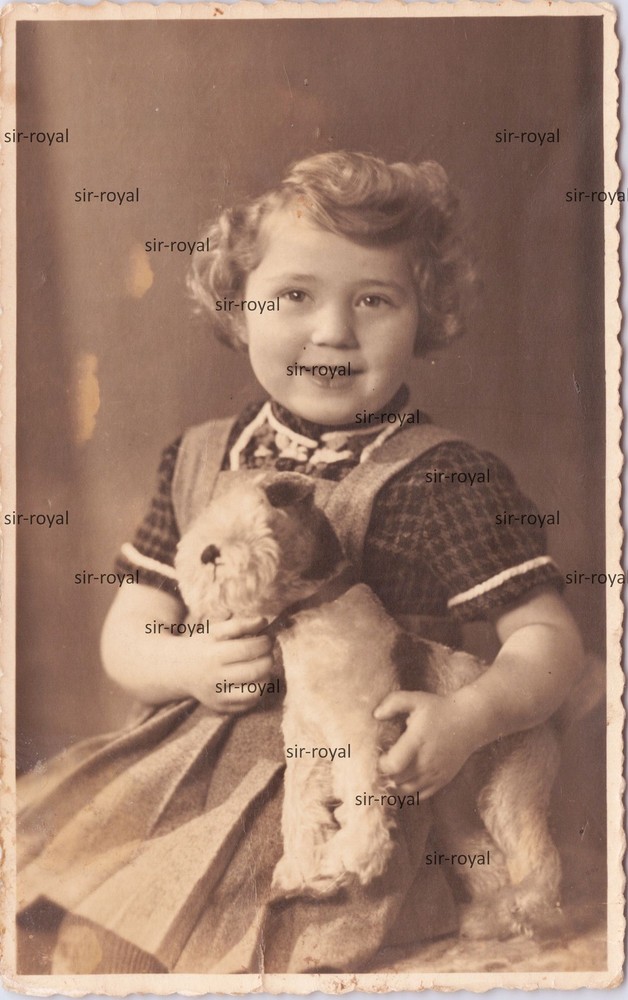 Girl 1942 with Fox Terrier Plush Toy – 1940s – Photo Postcard 9x14cm