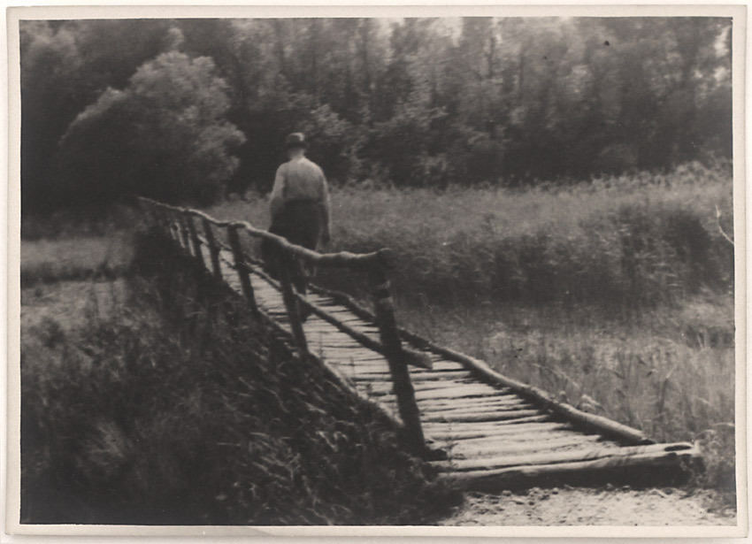Original vintage 1930s wanderer on wooden bridge, by Erich Smeikal, pictorialism
