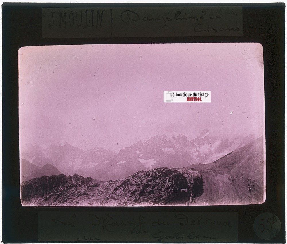 Mont Pelvoux, Galibier, Photo J. Moulin, Color Glass Plate, Positive 8.5×10 Cm