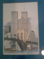 Bruce Arvon Brooklyn Bride/World Trade Center Drawing Framed and Matted 8 x 10