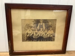 Antique Family Photo Wood Frame Children on Church Bench 3 Adults Brick Building