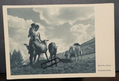 Photo Postcard On The Mountain Woman Farmer Child Goat Pet King Good Friends Old