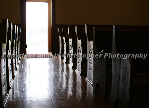 Original ACEO 2.5×3.5 in photo art print I SAW THE LIGHT Old Country Church Pews
