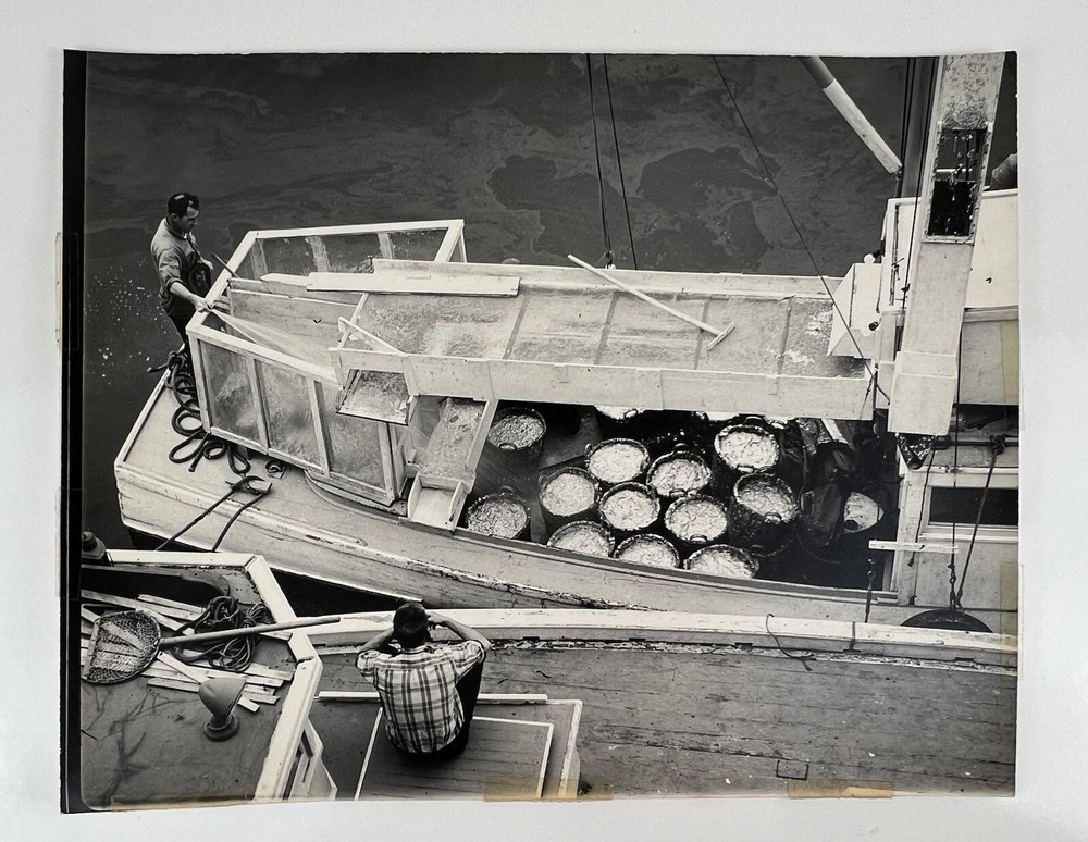 VTG Large Black & White Photograph Photography Print Nautical Fishermen Boat #2