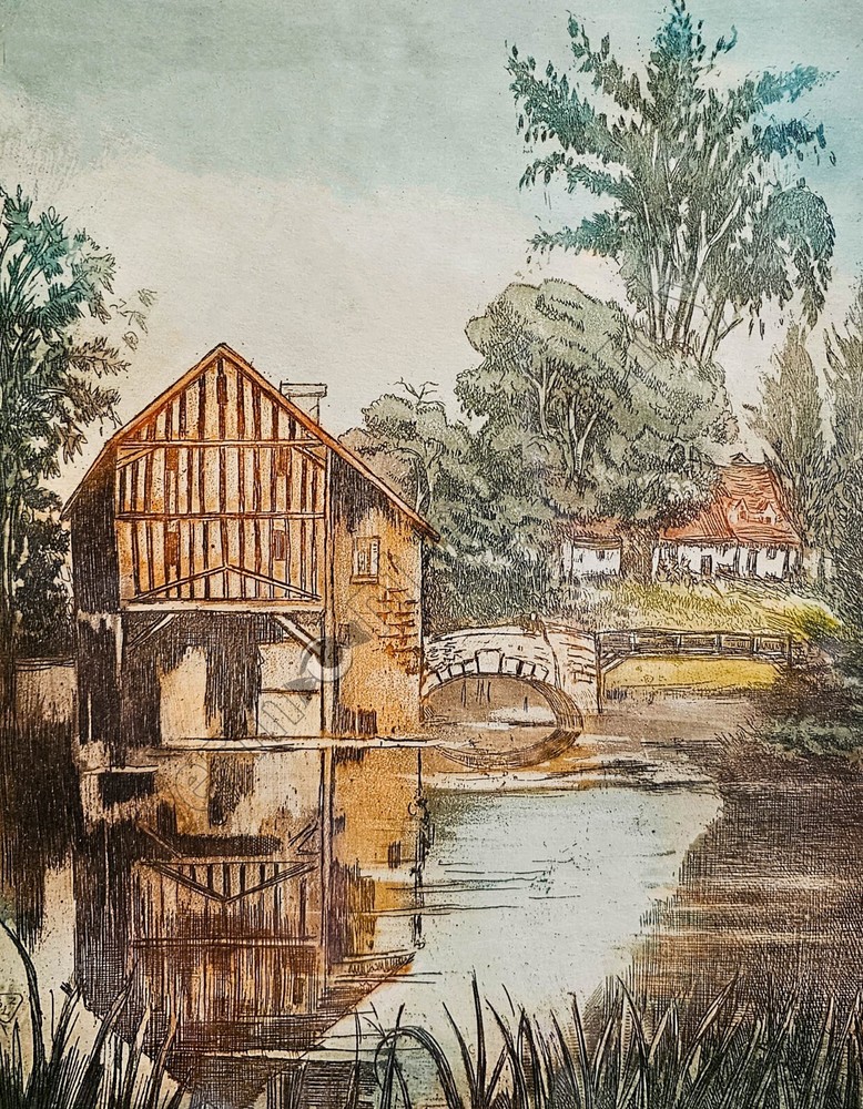 English Country Barn Cottage on Water DIGITAL DOWNLOAD Print at Home Wall Art
