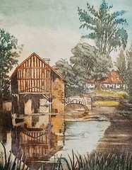 English Country Barn Cottage on Water DIGITAL DOWNLOAD Print at Home Wall Art