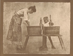NEWLY FOUND! HENDRICKSON B&W SEPIA PHOTO PRINT Mom Daughter Doing Laundry 11×14″