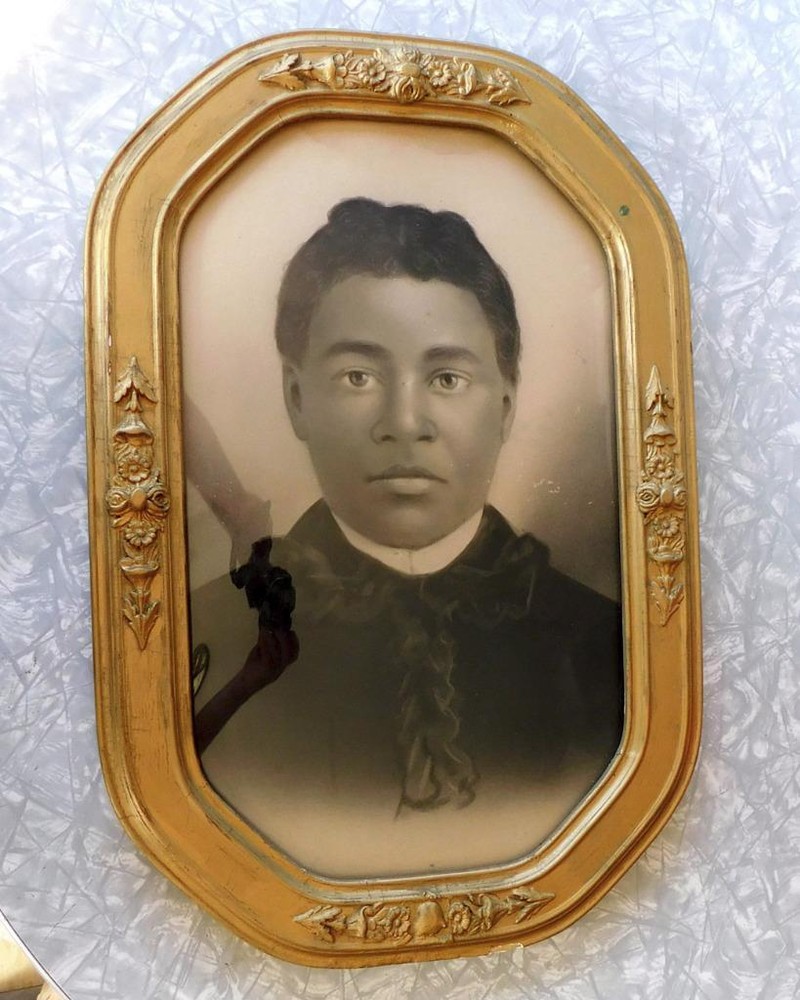 African American Woman Antique Convex Oval Portrait Charcoal-Enhanced Photograph