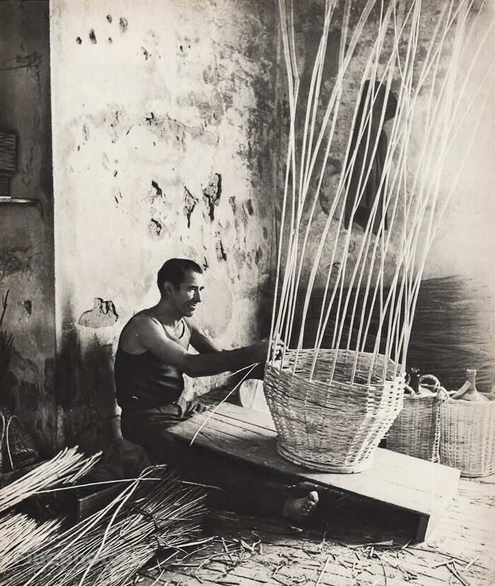 1940s Original Willy Ronis Man Basket Weaving Straw Craft Vintage Photo Gravure