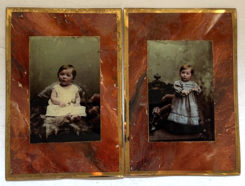 2 Antique Crystoleum Photos Convex Glass – Child Portraits Circa 1890 – Size 16x11cm
