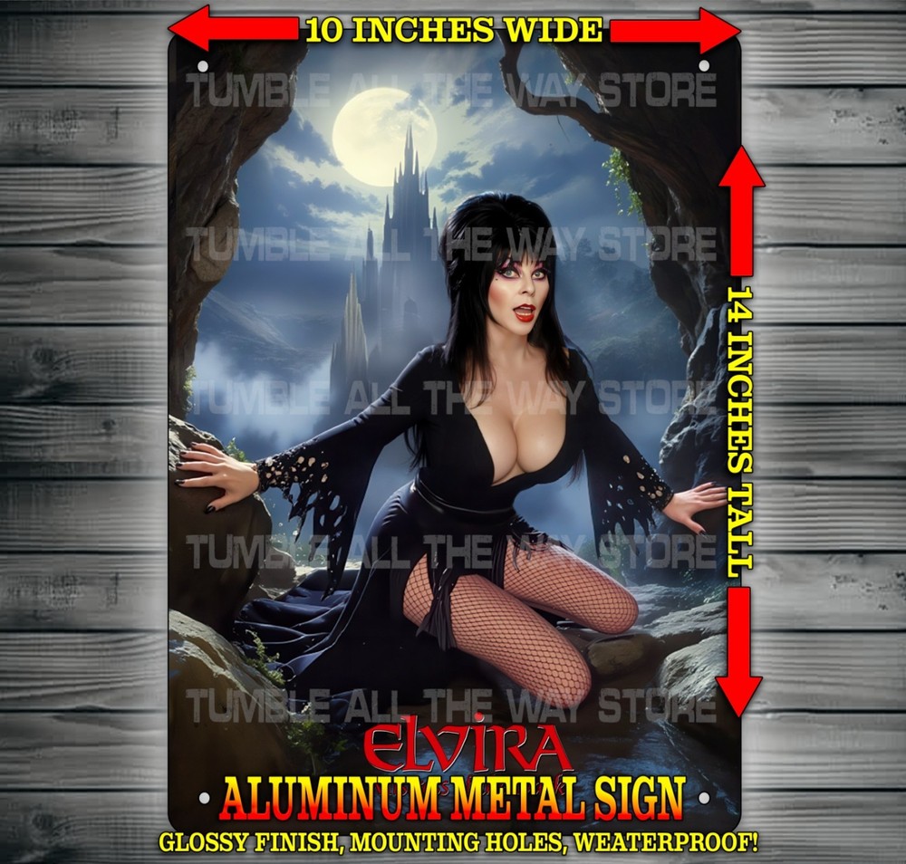 Sexy Elvira Mistress of the Dark with Castle Metal Sign Wall Art 10″ x 14″