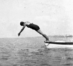 PHOTO NEGATIVE, woman in swimsuit, jumping, unusual, 1930’s
