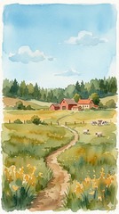 Digital Image Picture Watercolor Field Country Wallpaper Background AI Art