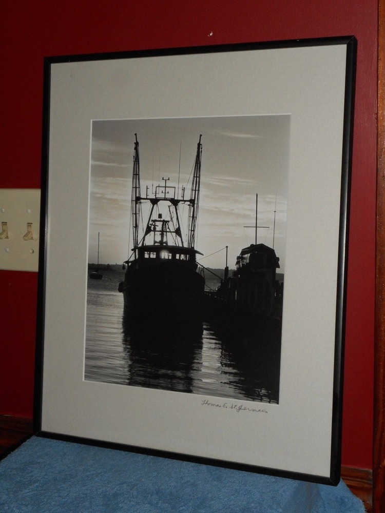 Thomas St. Germain Fishing Boat Trawler B&W Photo Signed Glass Framed 21″ x 17″