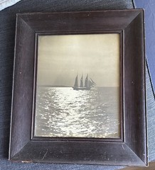Vintage Photo Sailboat Ocean Signed Dated Old Wide Wood Frame