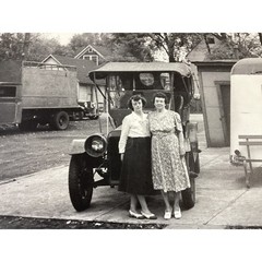 Vintage Black and White Photograph Two Women Standing by Antique Car