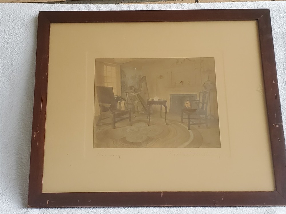 VTG Wallace Nutting Colorized Photo HARMONY HARP FIREPLACE INTERIOR 18.75″X15.8″