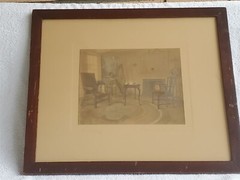 VTG Wallace Nutting Colorized Photo HARMONY HARP FIREPLACE INTERIOR 18.75″X15.8″