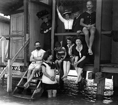 STEREO GLASS NEGATIVE, elegant girls and men on beach, swimsuits, rare, vintage