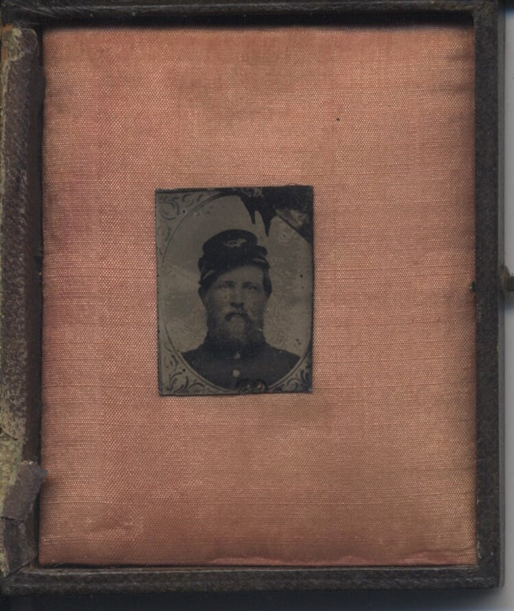 Mini Tintype of Civil War Soldier in Uniform – in Half Case
