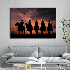 Cowboy Posse Silhouette Wall Art, Western Sunset Poster, Rustic Horseback Riders