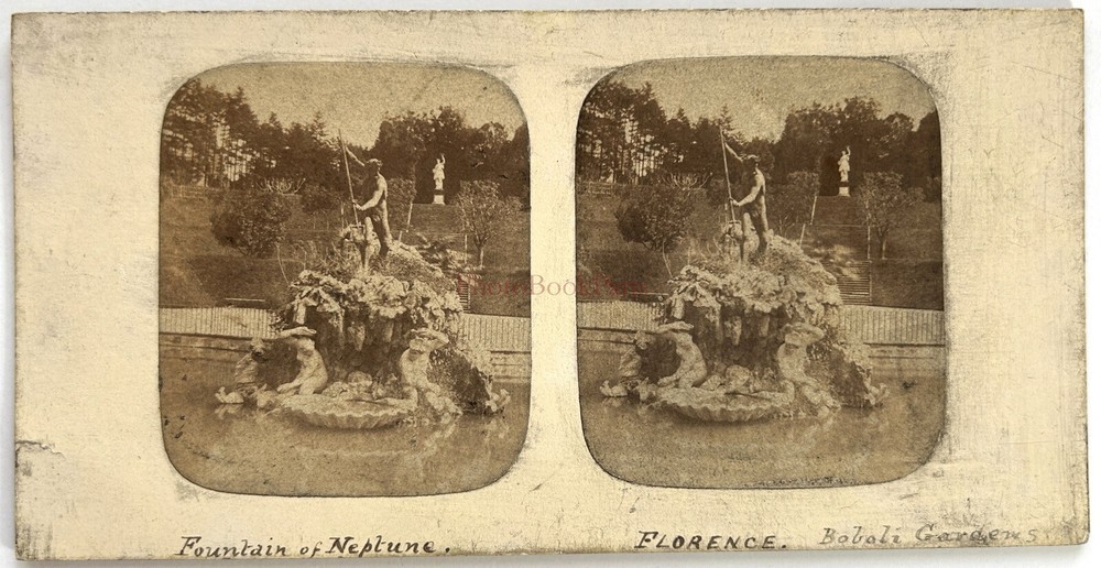 Italy Florence Fountain Neptune c1858 Photo Stereo Vintage Album § S