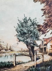 Cottage on the Side of the Pond Landscape DIGITAL DOWNLOAD Print – Home Wall Art