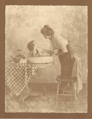 NEWLY FOUND! HENDRICKSON B&W SEPIA PHOTO PRINT Mother Bathing Cute Baby 11×14″