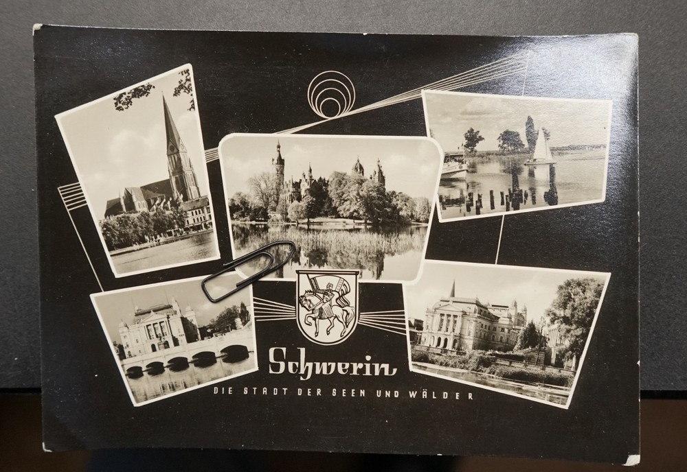 Photo postcard view multi-picture Schwerin Mecklenburg church castle lake GDR Teic