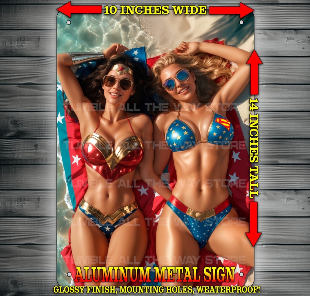 Sexy Wonder Woman and Supergirl in Bikinis Vixen Metal Sign Wall Art 10″ x 14″